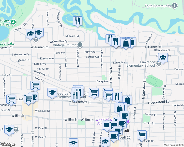 map of restaurants, bars, coffee shops, grocery stores, and more near 334 Forrest Avenue in Lodi