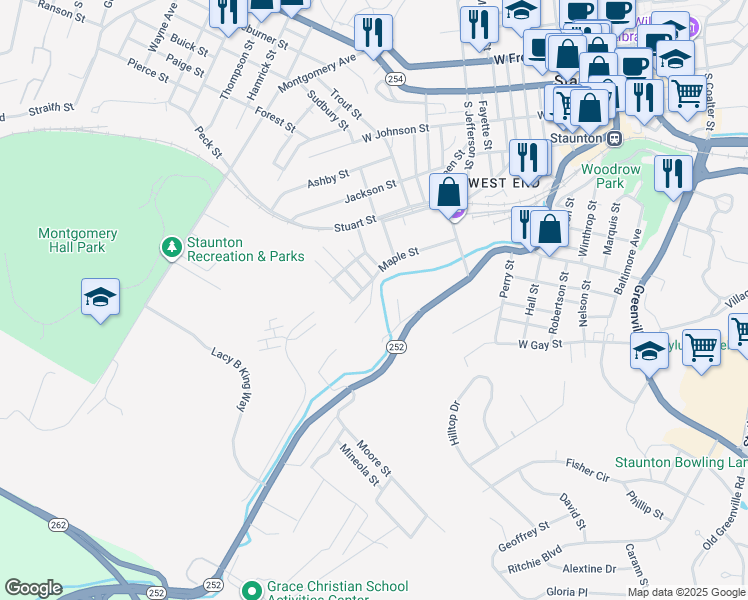 map of restaurants, bars, coffee shops, grocery stores, and more near 1205 Burnett Street in Staunton