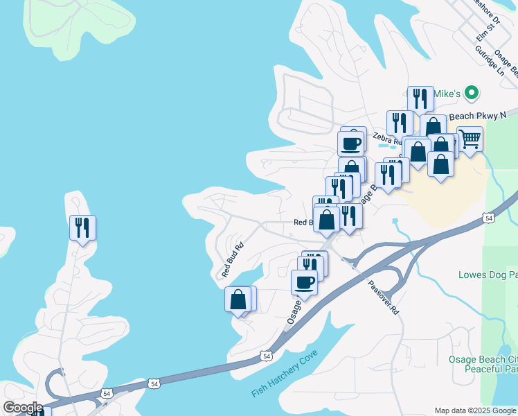 map of restaurants, bars, coffee shops, grocery stores, and more near 1101 Passover Road in Osage Beach