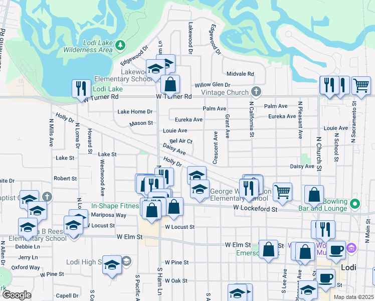 map of restaurants, bars, coffee shops, grocery stores, and more near 812 Bel Air Court in Lodi