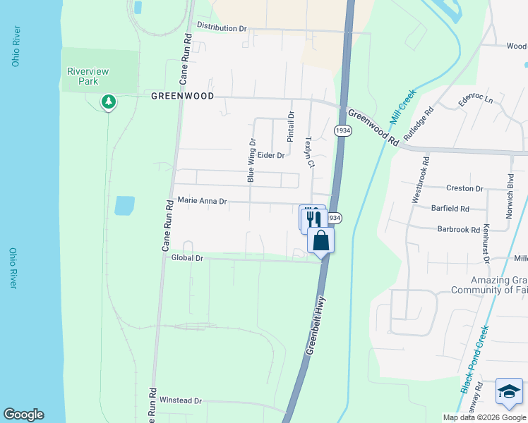 map of restaurants, bars, coffee shops, grocery stores, and more near 7602 Randy Court in Louisville