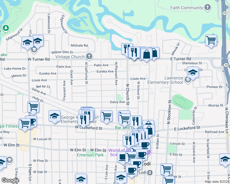 map of restaurants, bars, coffee shops, grocery stores, and more near 629 North Pleasant Avenue in Lodi