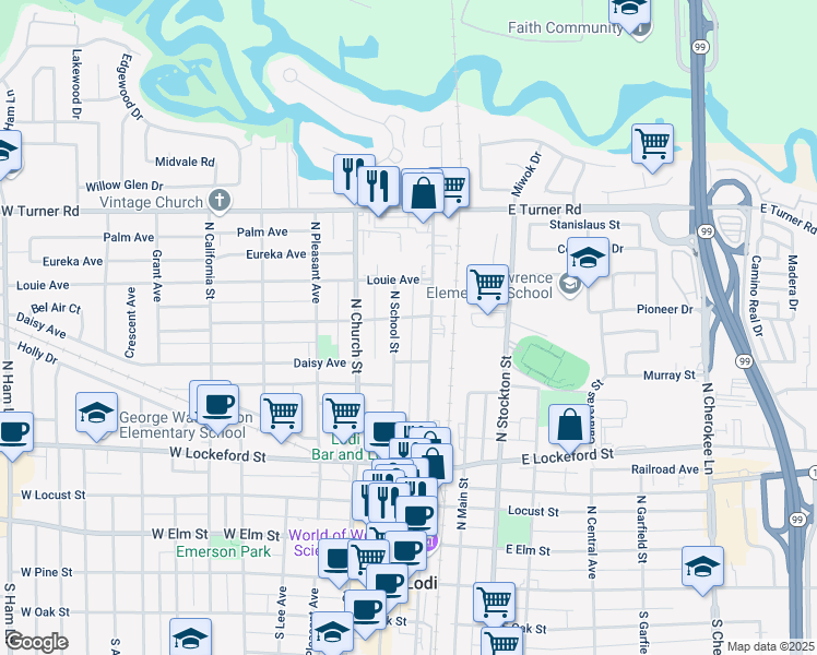 map of restaurants, bars, coffee shops, grocery stores, and more near 627 North Sacramento Street in Lodi