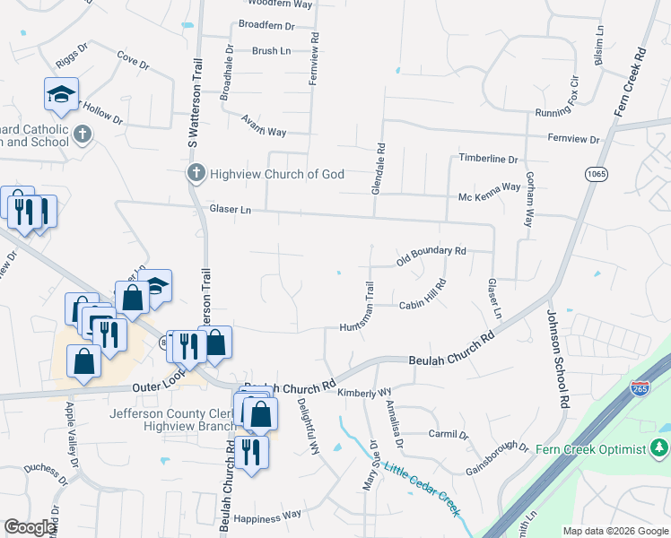 map of restaurants, bars, coffee shops, grocery stores, and more near 8212 Glaser Lane in Louisville