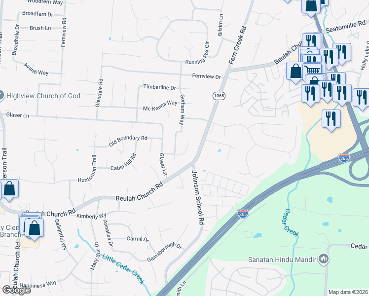 map of restaurants, bars, coffee shops, grocery stores, and more near 8713 Shadow Creek Way in Louisville