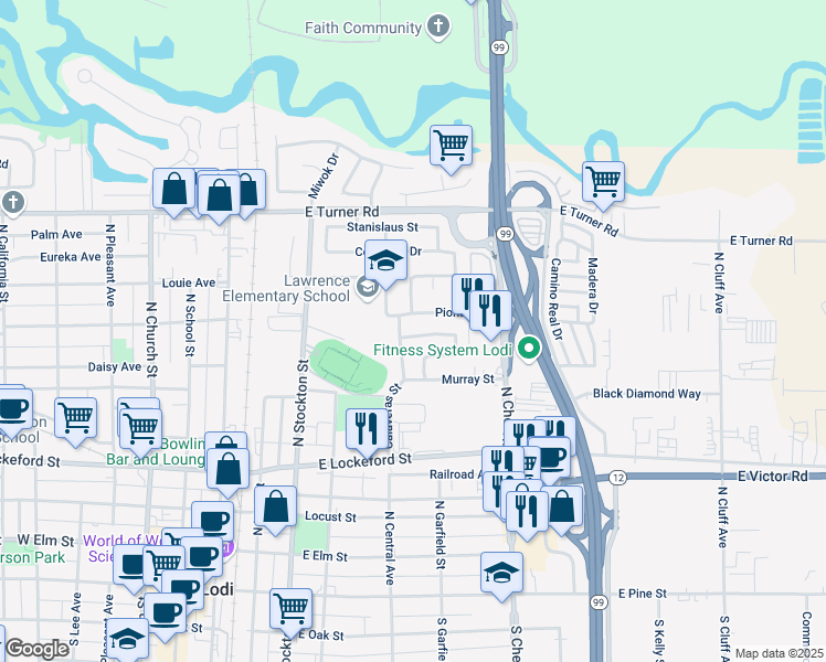 map of restaurants, bars, coffee shops, grocery stores, and more near 409 Sonora Avenue in Lodi