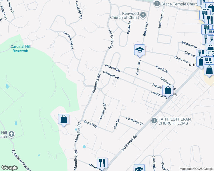 map of restaurants, bars, coffee shops, grocery stores, and more near 7611 Manslick Road in Louisville