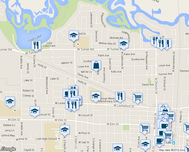map of restaurants, bars, coffee shops, grocery stores, and more near 812 Bel Air Court in Lodi
