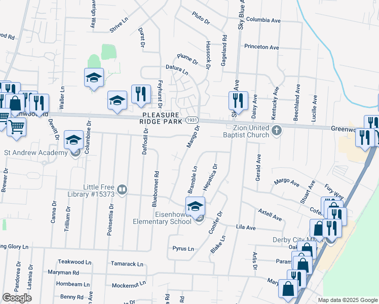 map of restaurants, bars, coffee shops, grocery stores, and more near 7711 Mango Drive in Louisville