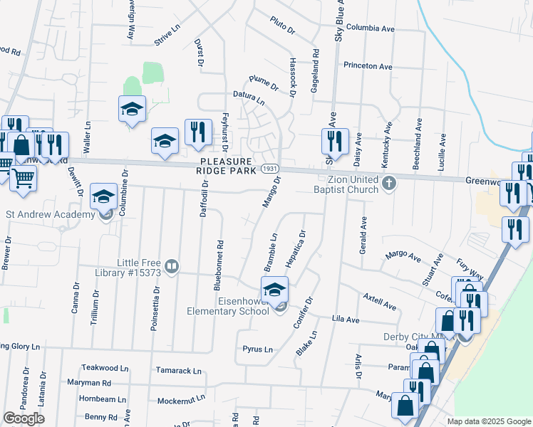map of restaurants, bars, coffee shops, grocery stores, and more near 7711 Mango Drive in Louisville