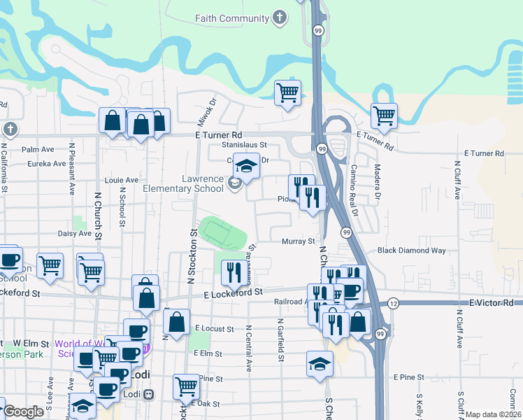 map of restaurants, bars, coffee shops, grocery stores, and more near 409 Sonora Avenue in Lodi
