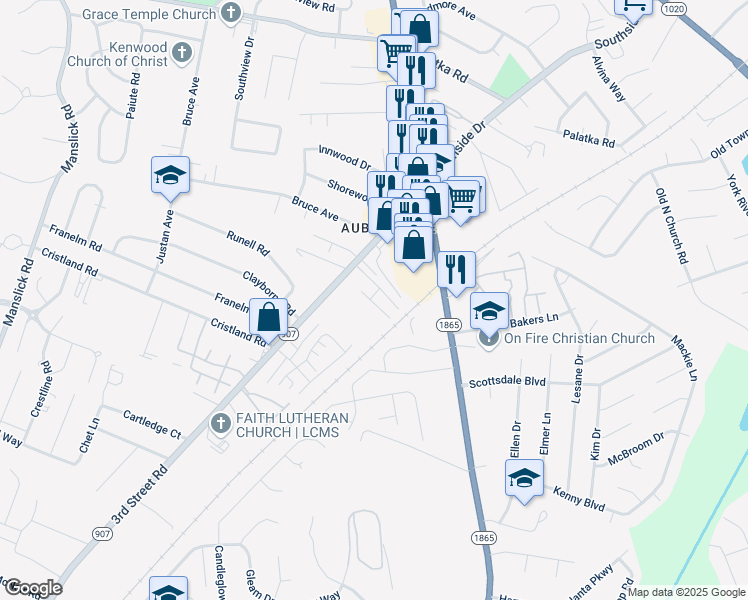 map of restaurants, bars, coffee shops, grocery stores, and more near 607 Auburn Place Court in Louisville