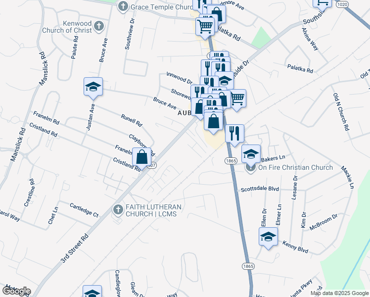 map of restaurants, bars, coffee shops, grocery stores, and more near 7521 3rd Street Road in Louisville