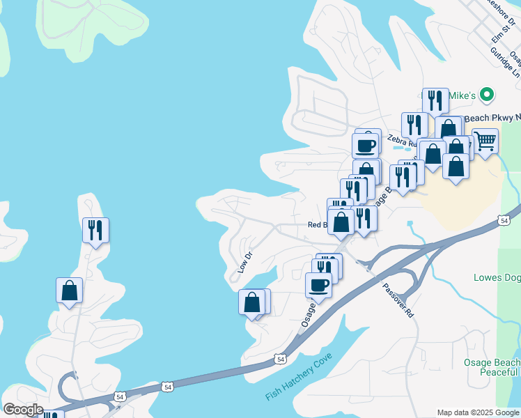 map of restaurants, bars, coffee shops, grocery stores, and more near 1107 Passover Road in Osage Beach