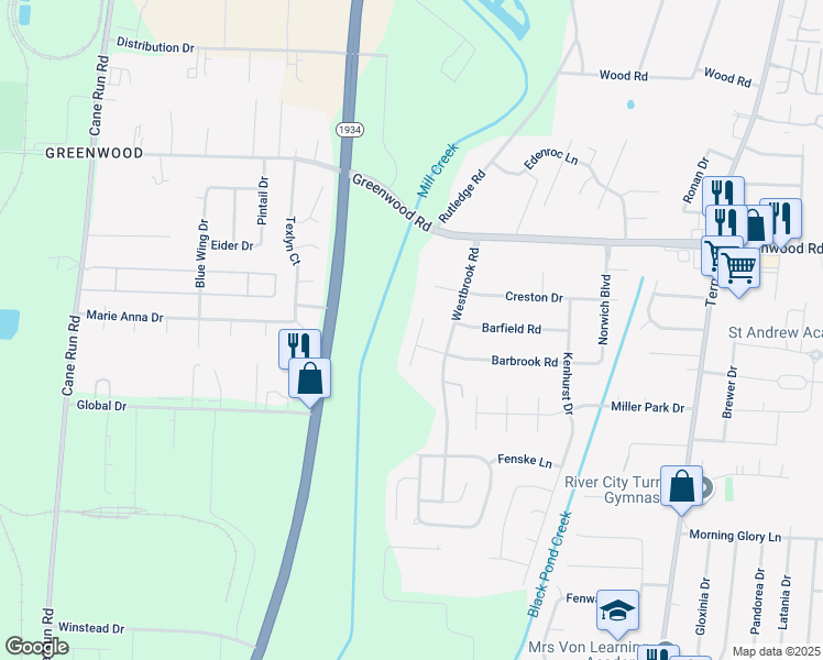 map of restaurants, bars, coffee shops, grocery stores, and more near 7712 Kenbrook Place in Louisville