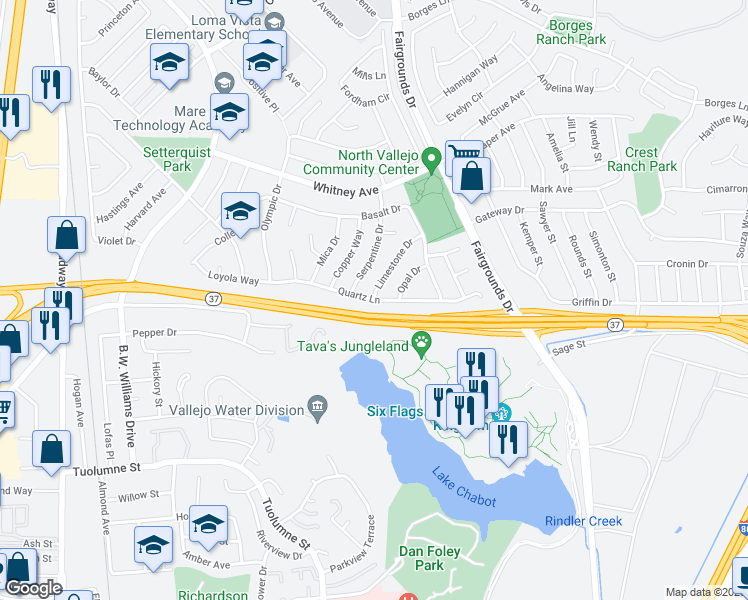 map of restaurants, bars, coffee shops, grocery stores, and more near 500 Quartz Lane in Vallejo