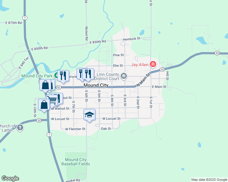 map of restaurants, bars, coffee shops, grocery stores, and more near 312 Main Street in Mound City