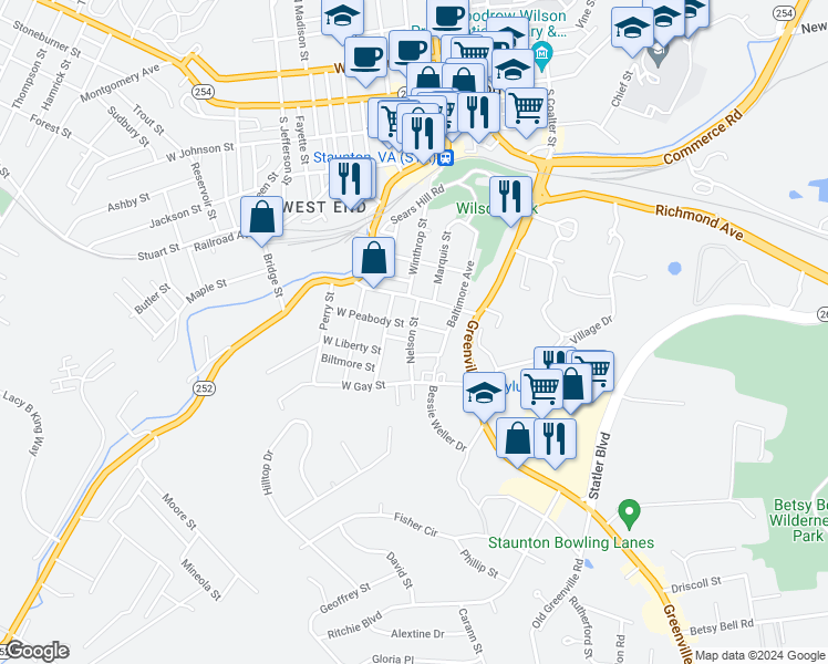 map of restaurants, bars, coffee shops, grocery stores, and more near 805 Nelson Street in Staunton