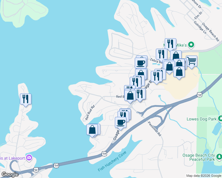 map of restaurants, bars, coffee shops, grocery stores, and more near 1063 Red Bud Road in Osage Beach
