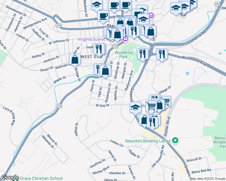 map of restaurants, bars, coffee shops, grocery stores, and more near 810 Nelson Street in Staunton