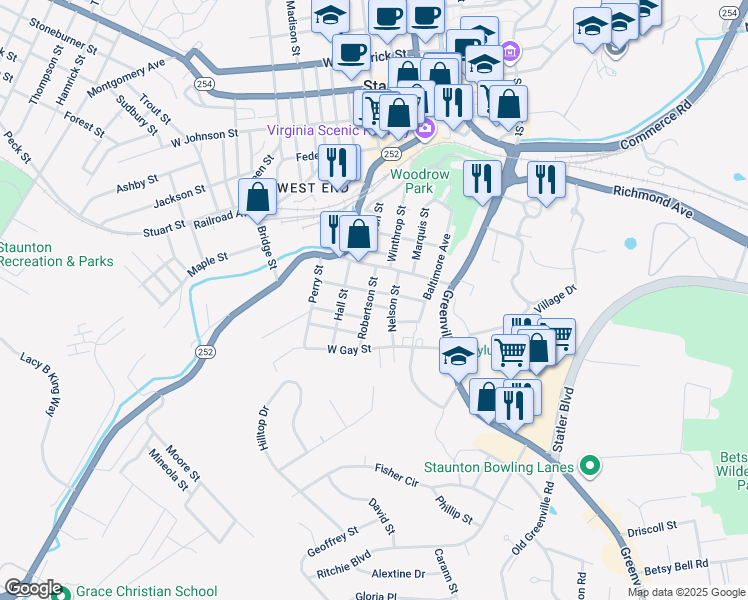 map of restaurants, bars, coffee shops, grocery stores, and more near 810 Nelson Street in Staunton