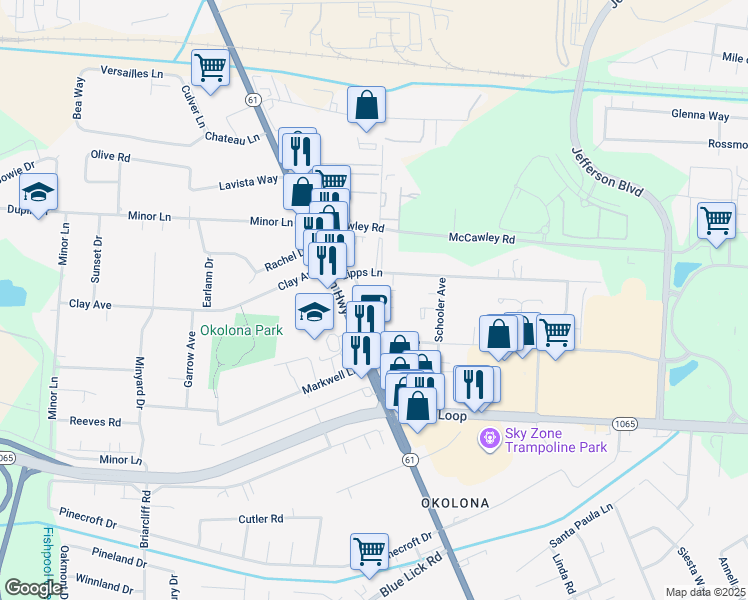 map of restaurants, bars, coffee shops, grocery stores, and more near 1208 Huntington Lane in Louisville