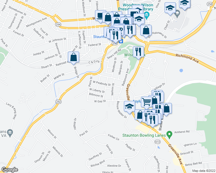 map of restaurants, bars, coffee shops, grocery stores, and more near 14 West Peabody Street in Staunton