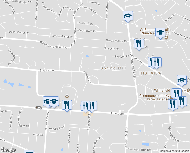 map of restaurants, bars, coffee shops, grocery stores, and more near 7226 Briscoe Vista Way in Louisville