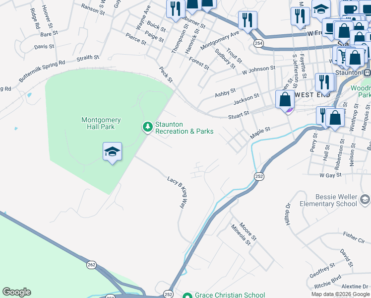 map of restaurants, bars, coffee shops, grocery stores, and more near Seth Drive in Staunton