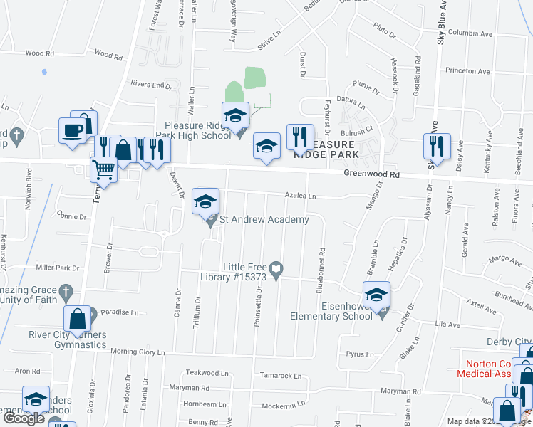 map of restaurants, bars, coffee shops, grocery stores, and more near 7711 Poinsettia Drive in Louisville