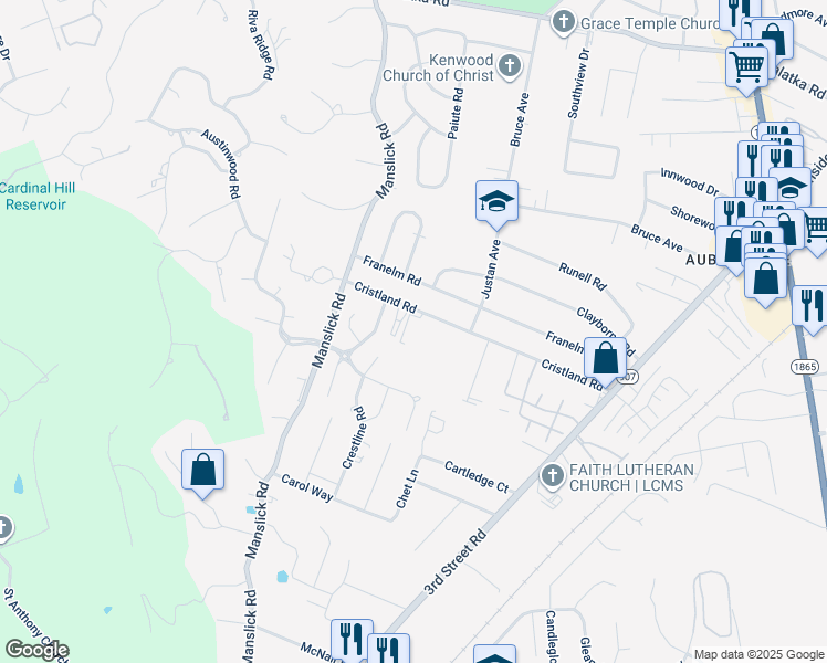 map of restaurants, bars, coffee shops, grocery stores, and more near 1120 Cristland Road in Louisville