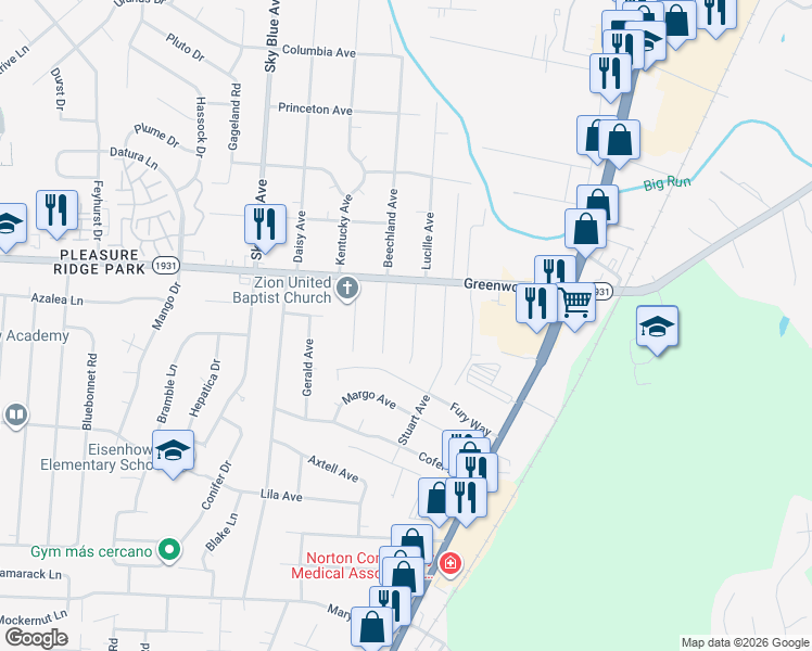 map of restaurants, bars, coffee shops, grocery stores, and more near 7507 Elnora Avenue in Louisville
