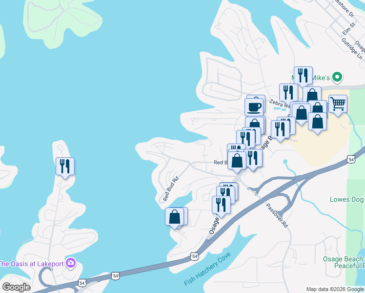 map of restaurants, bars, coffee shops, grocery stores, and more near 1101 Passover Road in Osage Beach