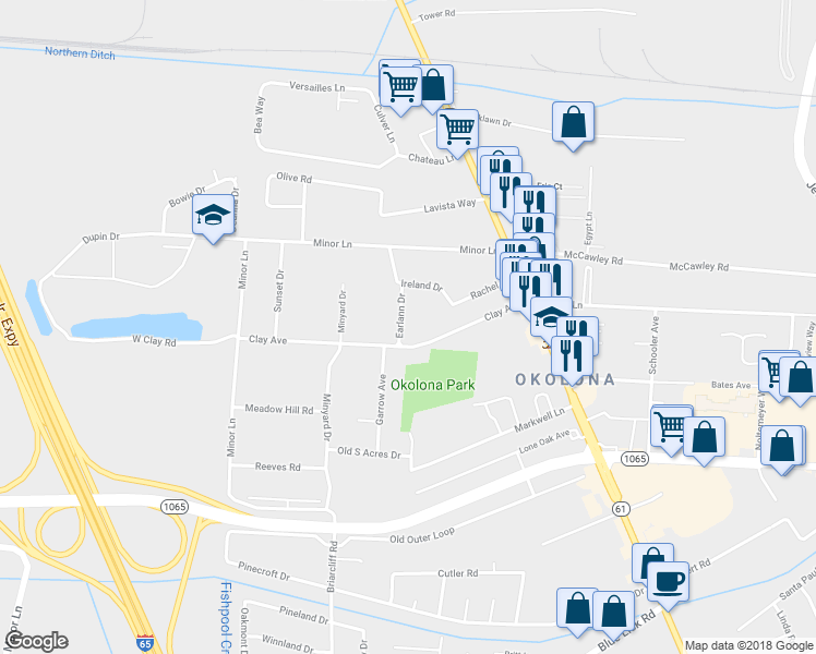 map of restaurants, bars, coffee shops, grocery stores, and more near 5413 Earlann Drive in Louisville