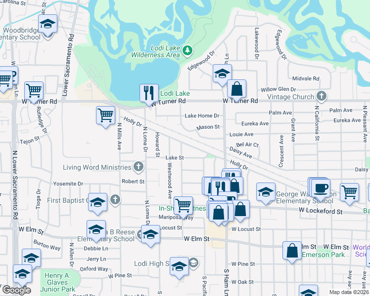 map of restaurants, bars, coffee shops, grocery stores, and more near 1425 Lake Street in Lodi