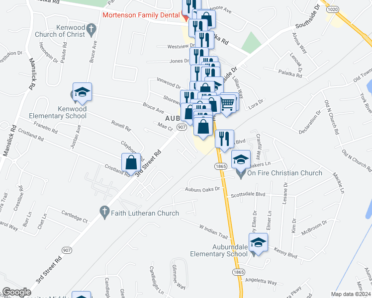 map of restaurants, bars, coffee shops, grocery stores, and more near 607 Auburn Place Court in Louisville