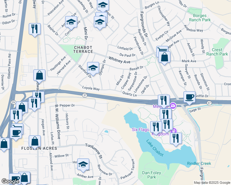 map of restaurants, bars, coffee shops, grocery stores, and more near 267 Quartz Lane in Vallejo