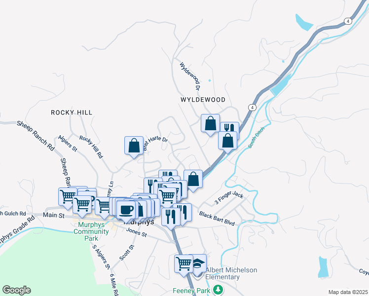 map of restaurants, bars, coffee shops, grocery stores, and more near 350 Bret Harte Drive in Murphys