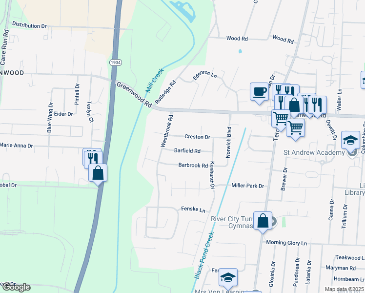 map of restaurants, bars, coffee shops, grocery stores, and more near 6812 Barfield Road in Louisville