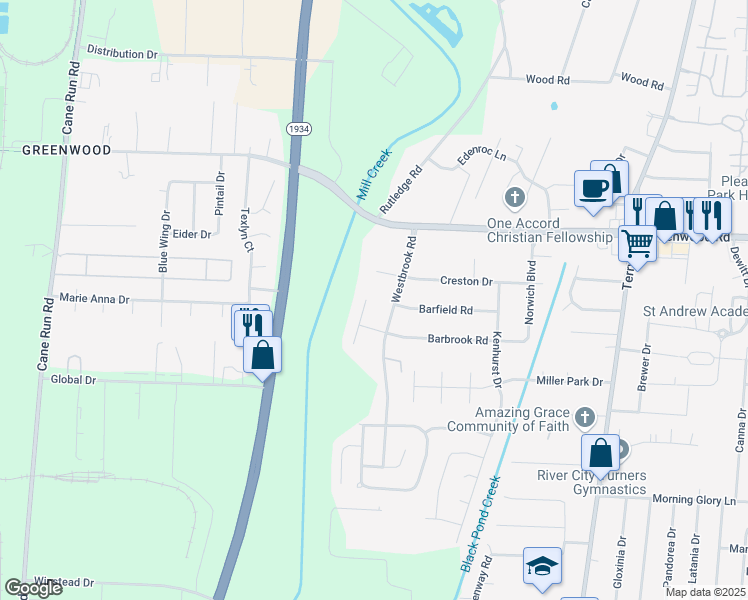 map of restaurants, bars, coffee shops, grocery stores, and more near 7703 Kenbrook Place in Louisville