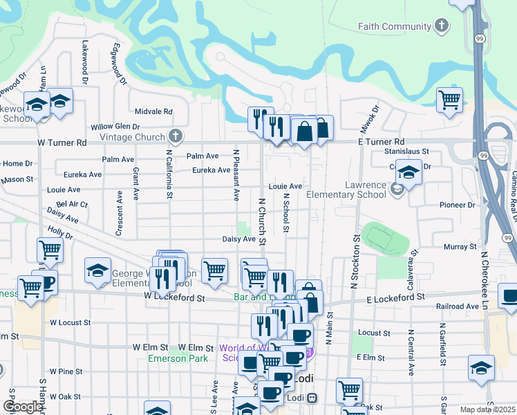 map of restaurants, bars, coffee shops, grocery stores, and more near 705 North Church Street in Lodi