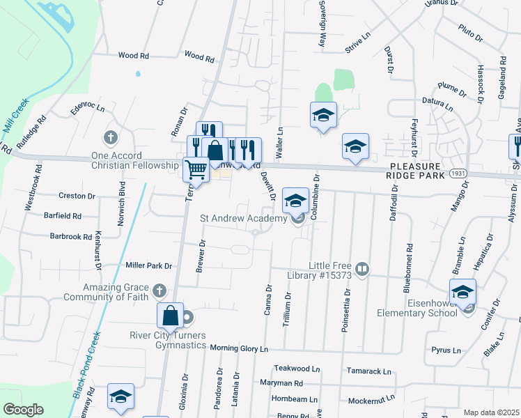 map of restaurants, bars, coffee shops, grocery stores, and more near 7825 Pleasure Walk Circle in Louisville