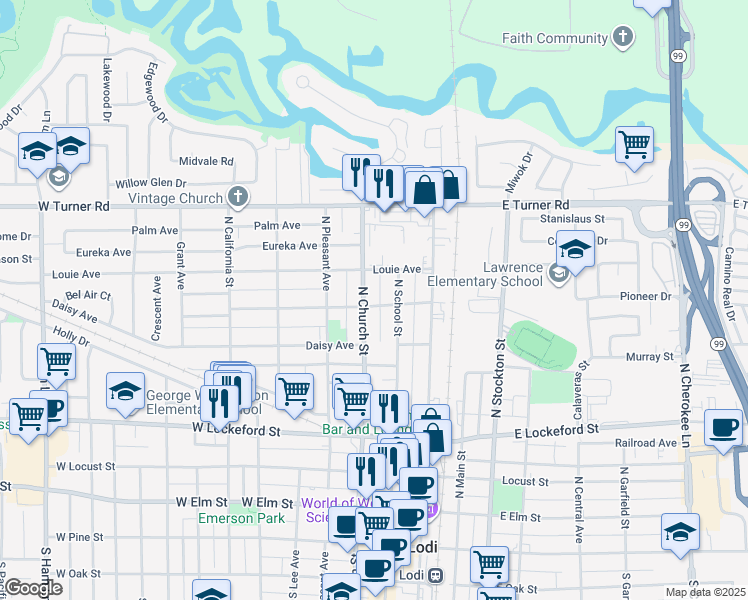 map of restaurants, bars, coffee shops, grocery stores, and more near 625 North Church Street in Lodi