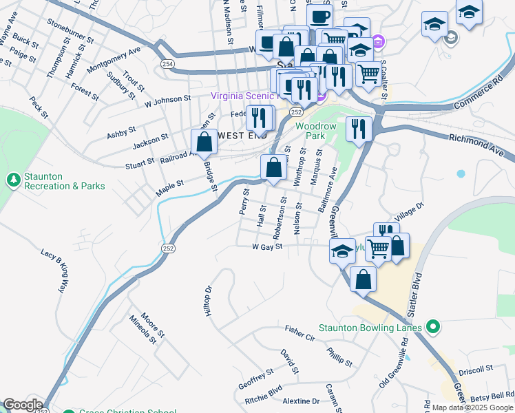 map of restaurants, bars, coffee shops, grocery stores, and more near 221 West Liberty Street in Staunton