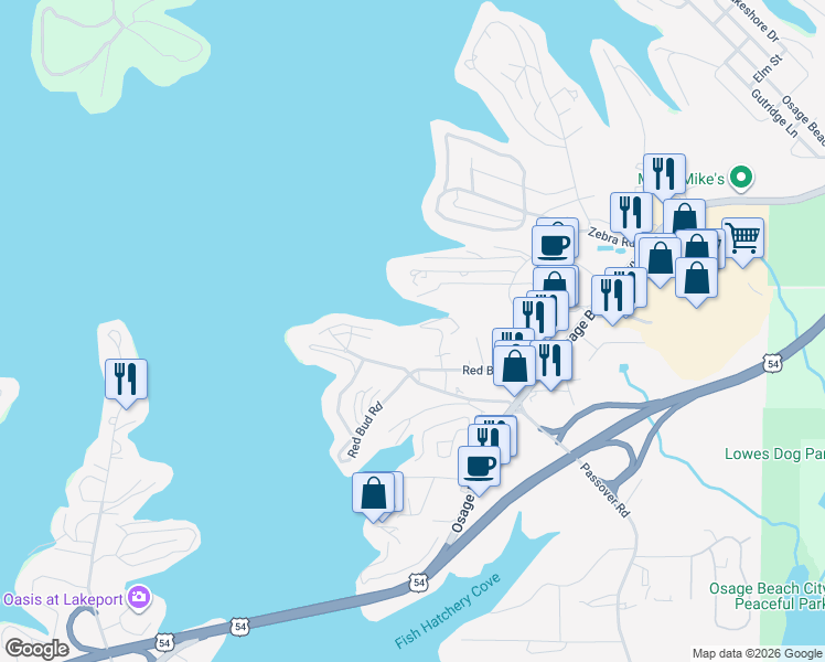 map of restaurants, bars, coffee shops, grocery stores, and more near 1101 Passover Road in Osage Beach