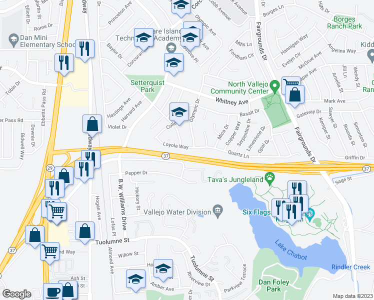 map of restaurants, bars, coffee shops, grocery stores, and more near 1215 Loyola Way in Vallejo