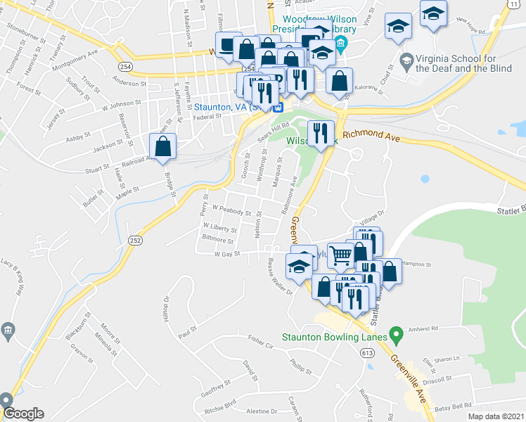 map of restaurants, bars, coffee shops, grocery stores, and more near 1 East Peabody Street in Staunton
