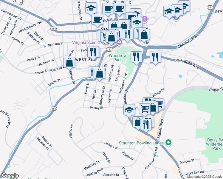 map of restaurants, bars, coffee shops, grocery stores, and more near 711 Nelson Street in Staunton