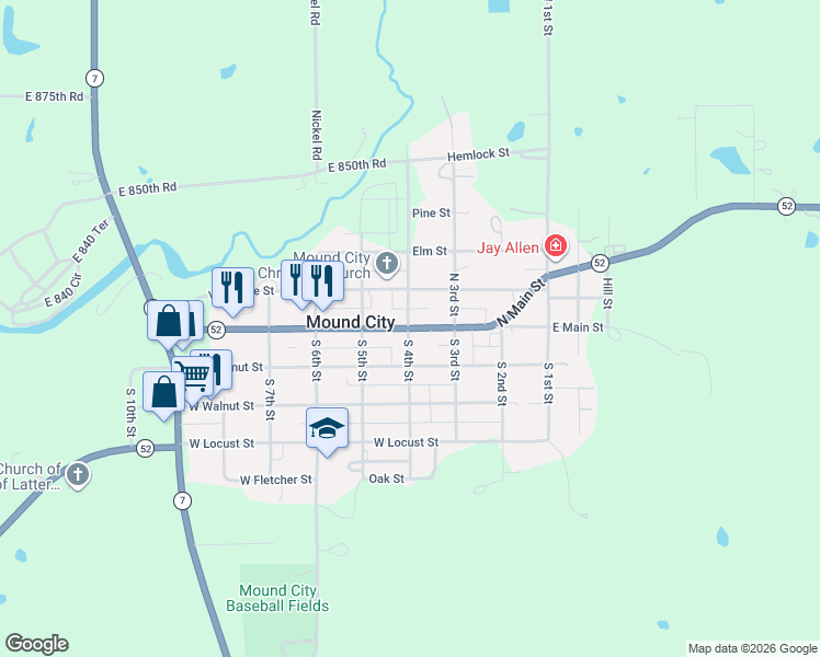 map of restaurants, bars, coffee shops, grocery stores, and more near South 4th Street in Mound City