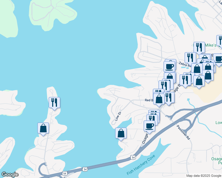 map of restaurants, bars, coffee shops, grocery stores, and more near 1222 Lands End Parkway in Osage Beach